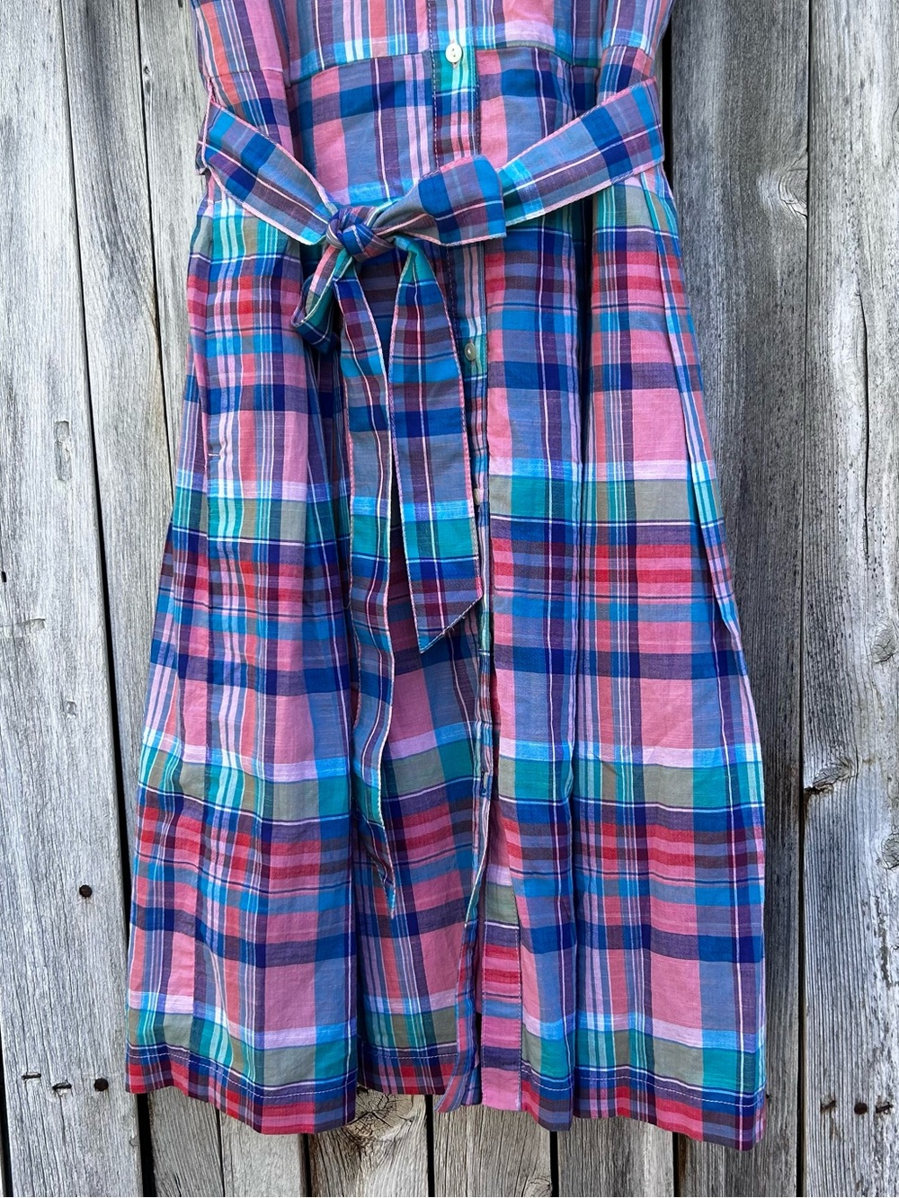Talbots Madras Plaid Button Front Shirtdress Belted Cotton Pink Blue 12 - Picture 9 of 16